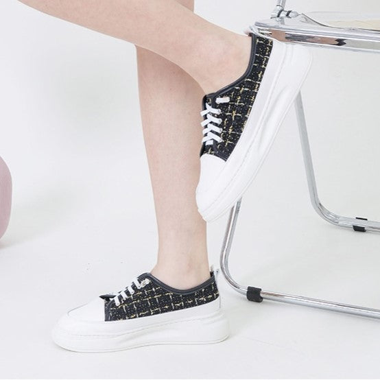 ER1227 TWEED布料拼接皮免綁帶厚底波鞋