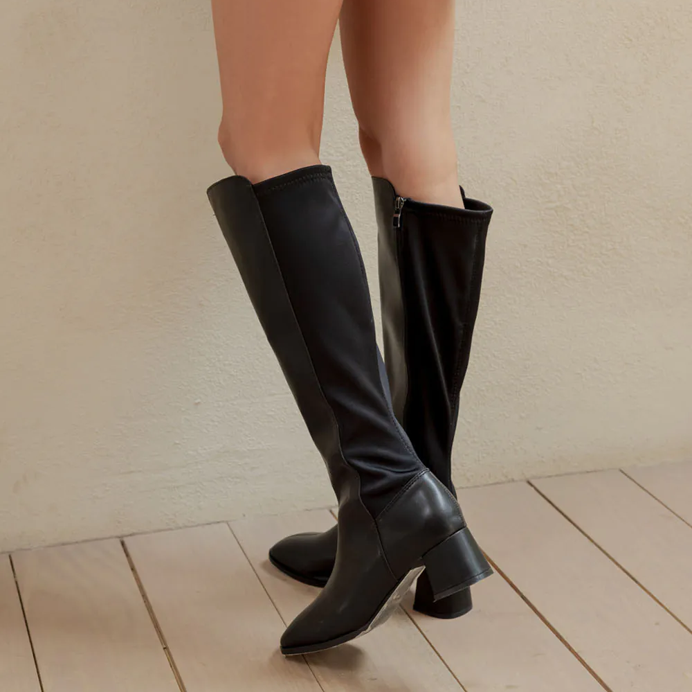 AK1221 彈性萊卡內絨毛拼接長靴(此款版型偏小, 建議選大一碼)