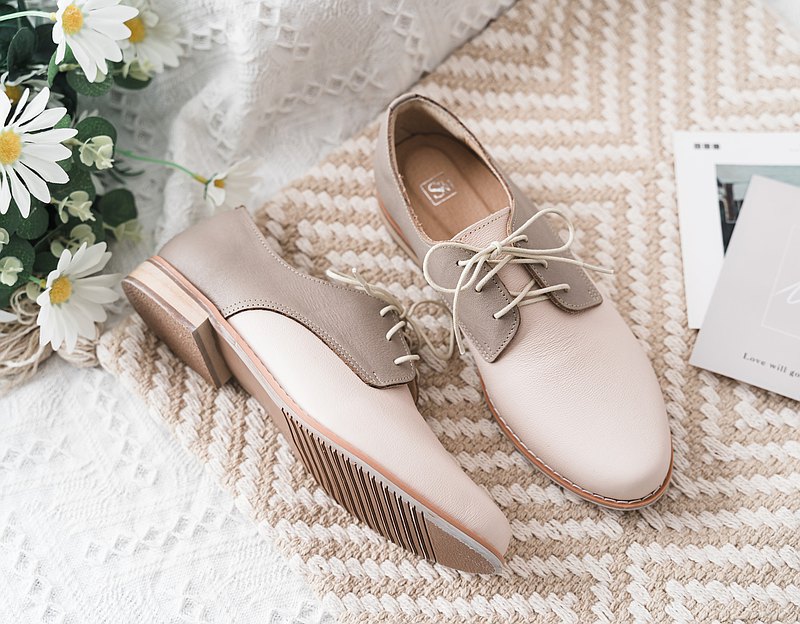 SC1008【可個人訂製】日本頂級軟羊皮日系拚色德比鞋 櫻花裸粉