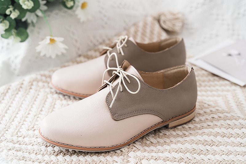 SC1008【可個人訂製】日本頂級軟羊皮日系拚色德比鞋 櫻花裸粉