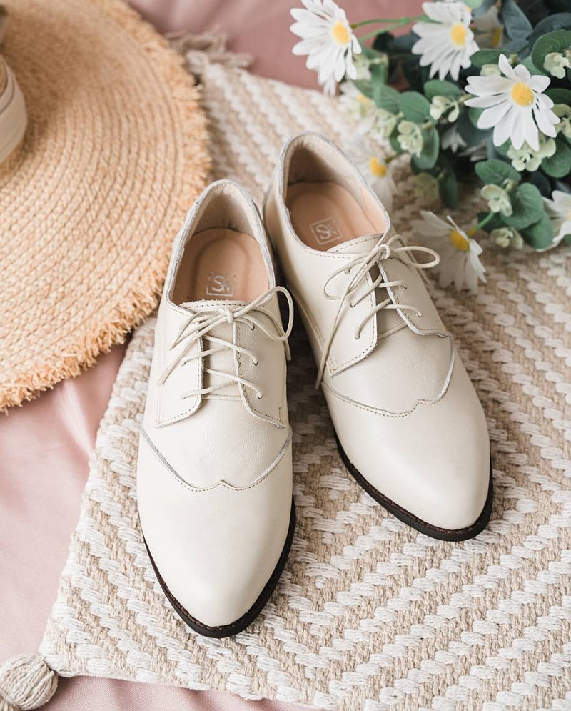 SC1006【可個人訂製】日本頂級軟牛皮法式木跟牛津鞋 奶油米
