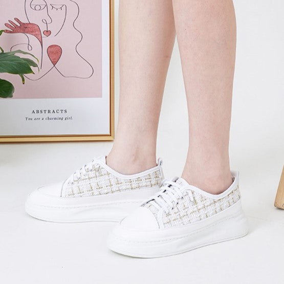 ER1227 TWEED布料拼接皮免綁帶厚底波鞋