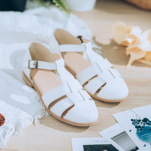 SC1020 法國進口牛皮編織原木底涼鞋 白