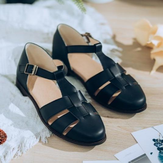 SC1020 法國進口牛皮編織原木底涼鞋 黑