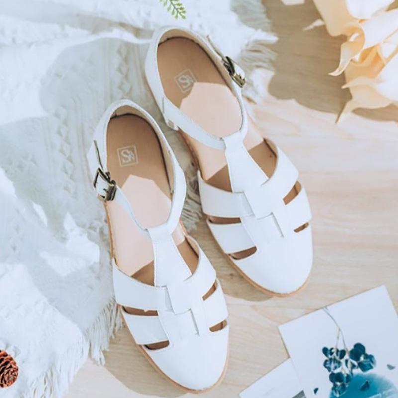 SC1020 法國進口牛皮編織原木底涼鞋 白