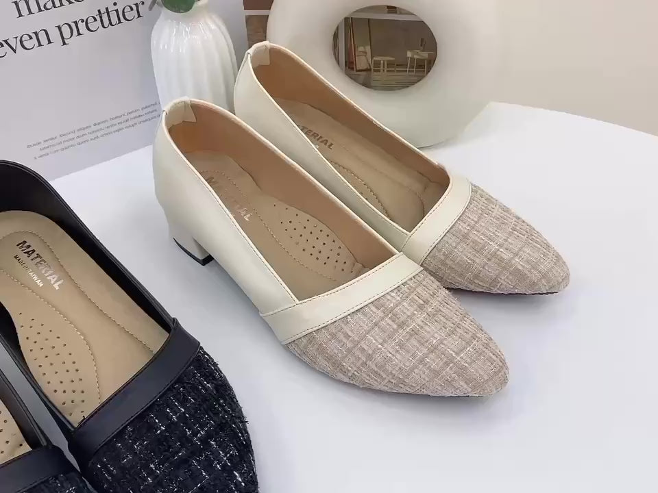 ER1183 毛呢拼皮革尖頭粗跟鞋(此款版型偏小, 建議選大一碼)