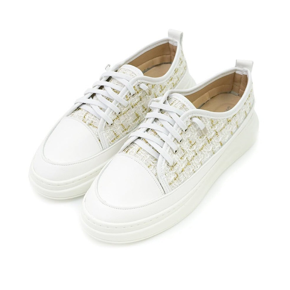 ER1227 TWEED布料拼接皮免綁帶厚底波鞋